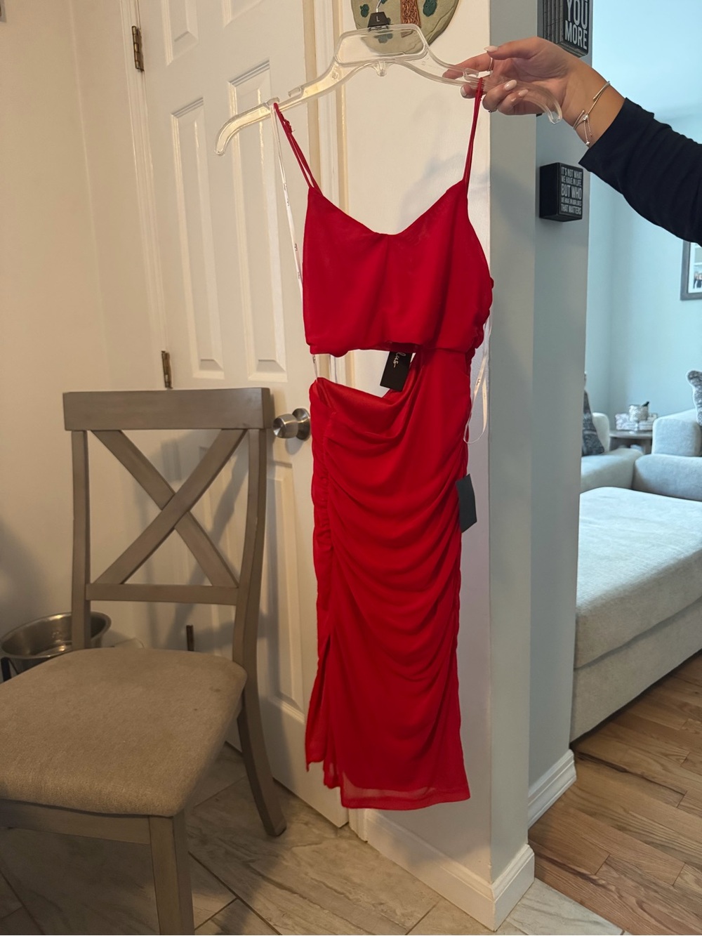 Lulu's Red Spaghetti-Strap Ruched Cutout Midi Dress